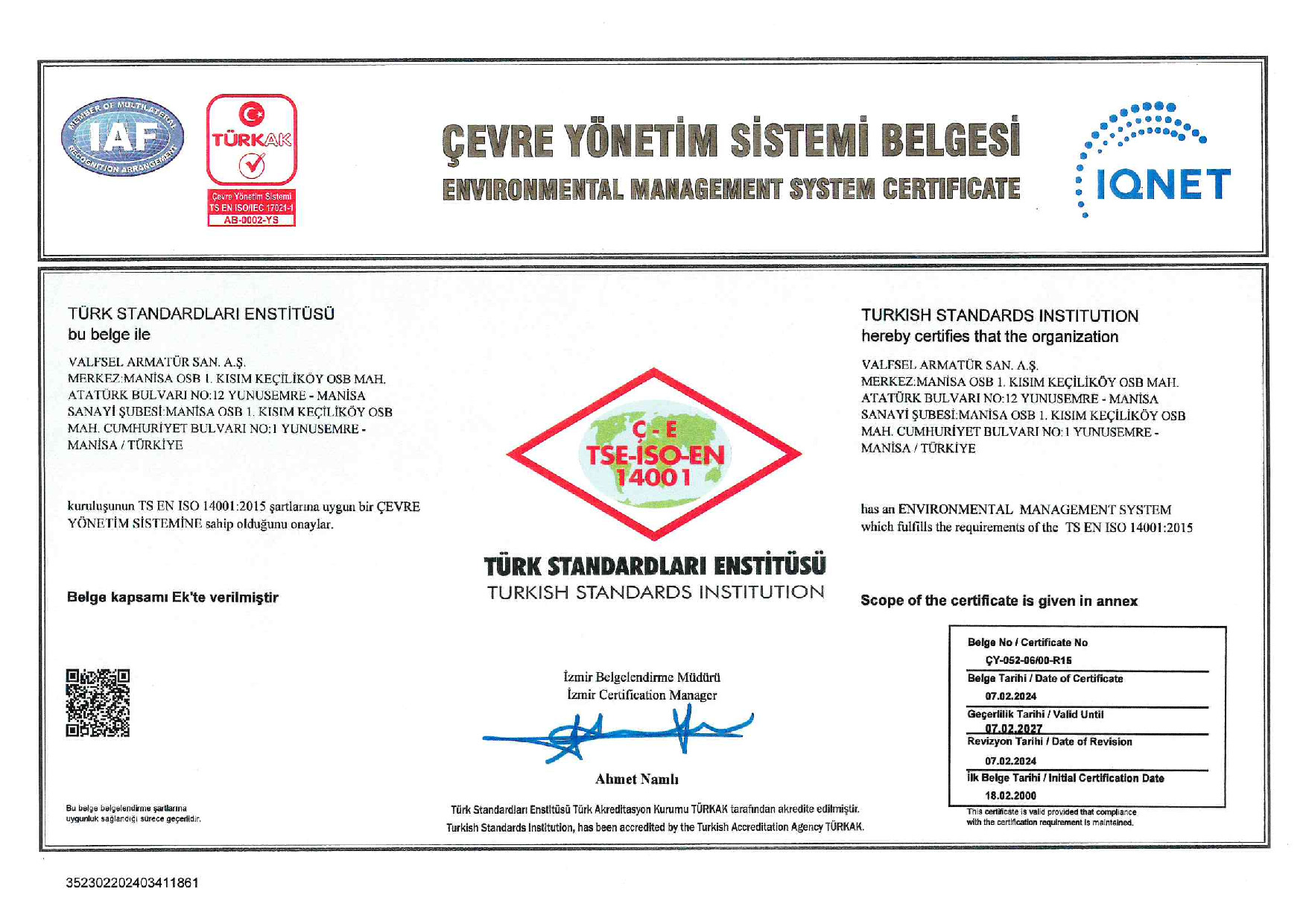 TS EN ISO 14001:2015 Çevre Yönetim Sistemi Belgesi