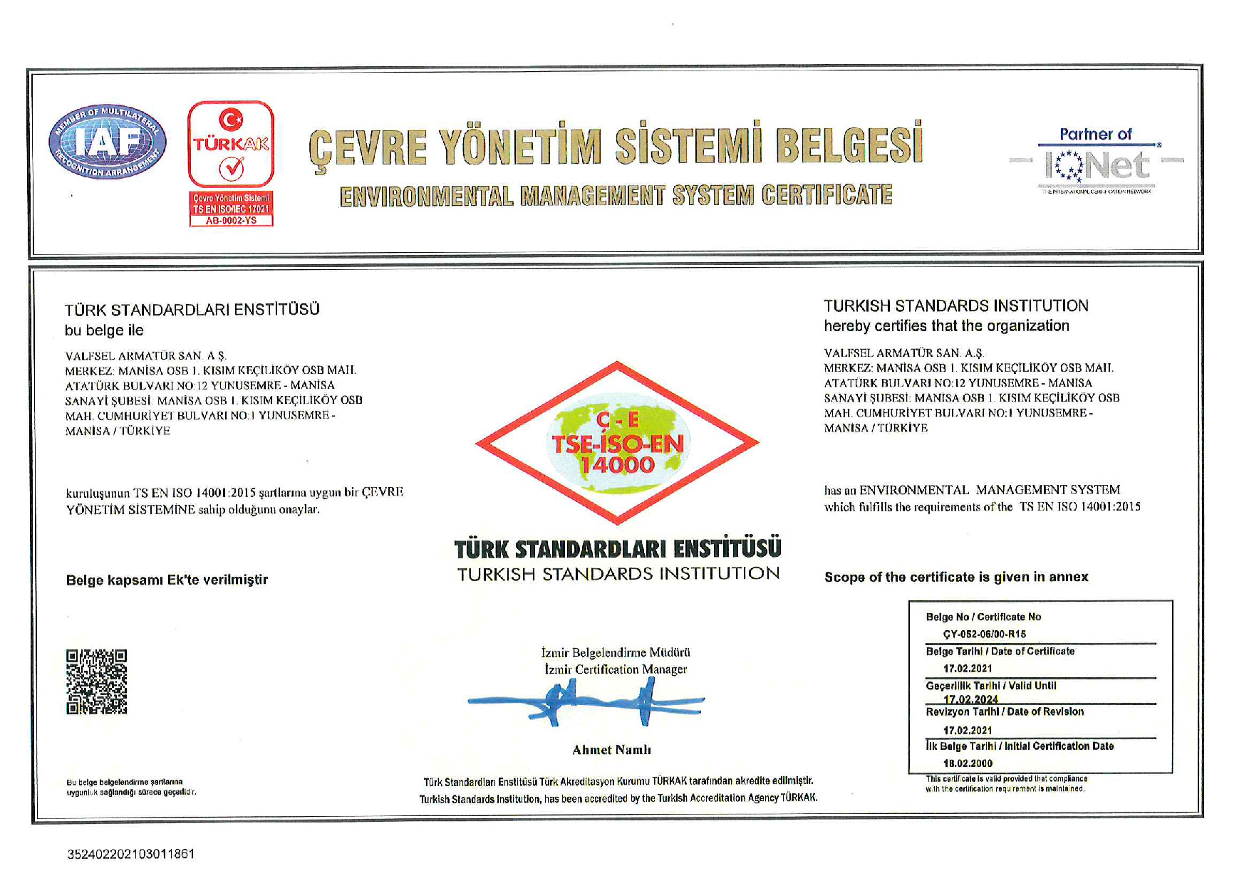 TS EN ISO 14001:2015 Çevre Yönetim Sistemi Belgesi