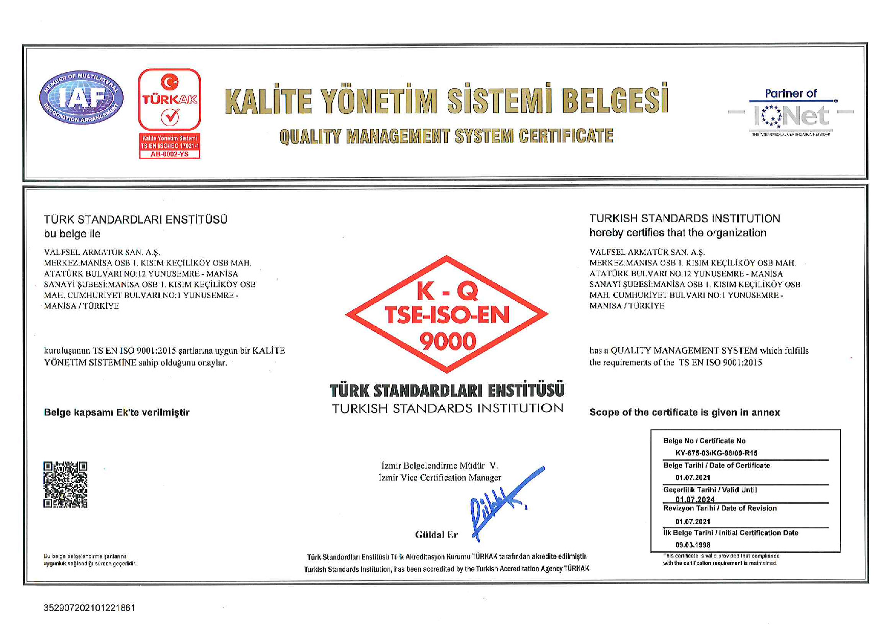 TS EN ISO 9001:2015 Kalite Yönetim Sistemi Belgesi